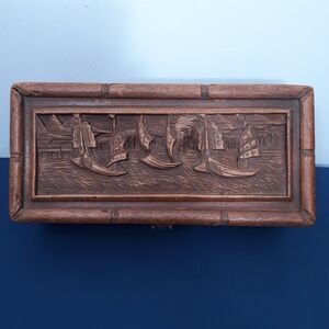 19th C Carved Camphor Wood Chinese Locking Antique Wooden Treasure Box Ships